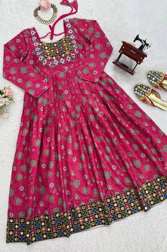 Rani pink cotton anarkali kurti with mirror embroidery