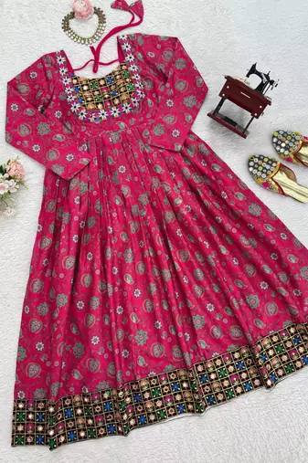 Rani pink cotton anarkali kurti with mirror embroidery