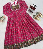 Rani pink cotton anarkali kurti with mirror embroidery