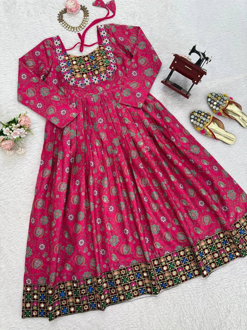 Rani pink cotton anarkali kurti with mirror embroidery