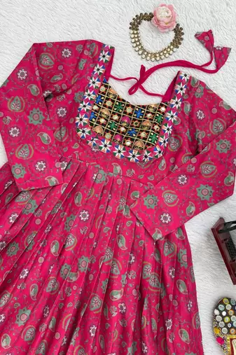 Rani pink cotton anarkali kurti with mirror embroidery