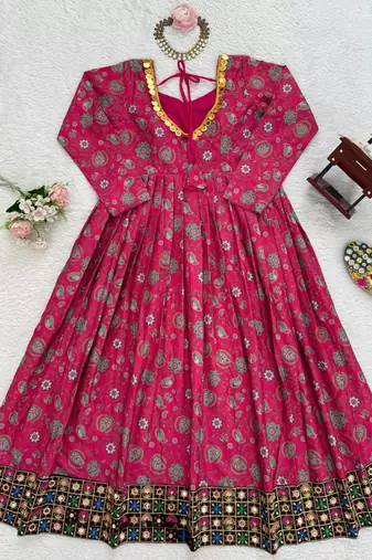 Rani pink cotton anarkali kurti with mirror embroidery
