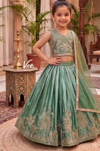 Mint green chinon silk forest embroidered work kids lehenga choli