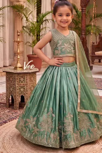 Mint green chinon silk forest embroidered work kids lehenga choli