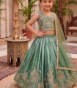 Mint green chinon silk forest embroidered work kids lehenga choli