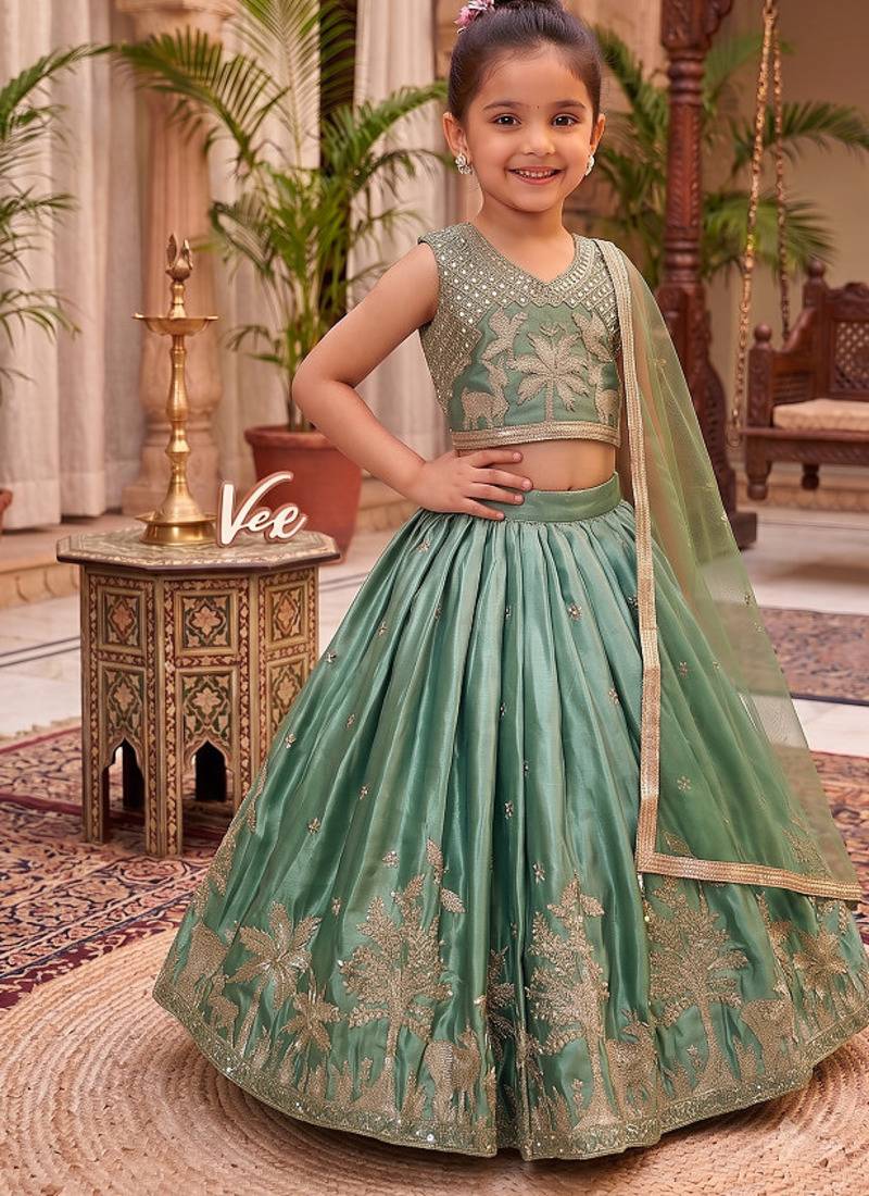 Mint green chinon silk forest embroidered work kids lehenga choli