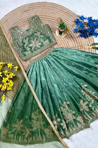Mint green chinon silk forest embroidered work kids lehenga choli
