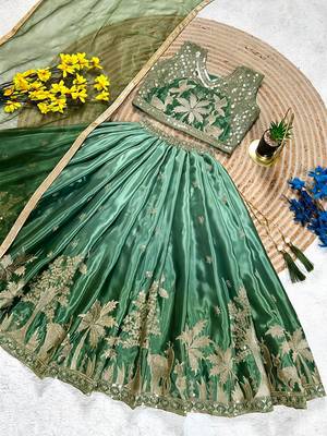 Mint green chinon silk forest embroidered work kids lehenga choli 3