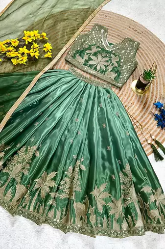 Mint green chinon silk forest embroidered work kids lehenga choli