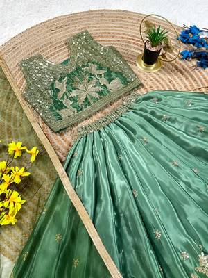 Mint green chinon silk forest embroidered work kids lehenga choli 4