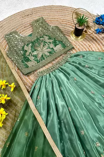 Mint green chinon silk forest embroidered work kids lehenga choli