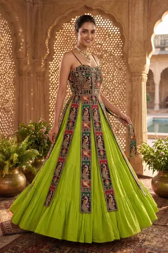 Parrot green designer lehenga with peacock embroidery