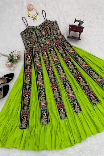 Parrot green designer lehenga with peacock embroidery