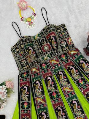 Parrot green designer lehenga with peacock embroidery 5