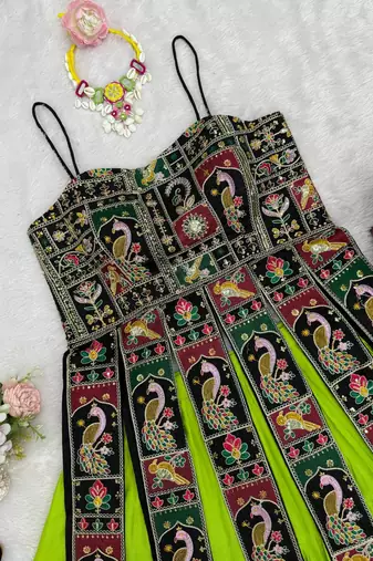 Parrot green designer lehenga with peacock embroidery
