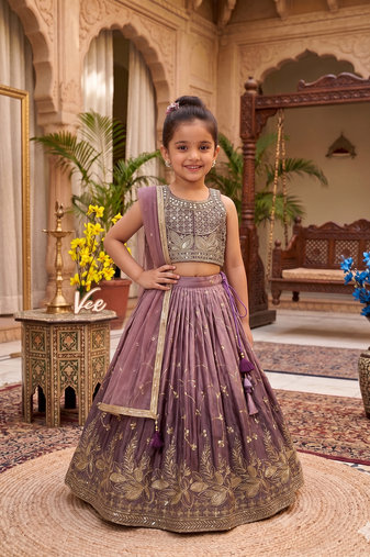 Brown chinon silk heavy sequence embroidered work kids wedding lehenga choli
