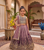 Brown chinon silk heavy sequence embroidered work kids wedding lehenga choli
