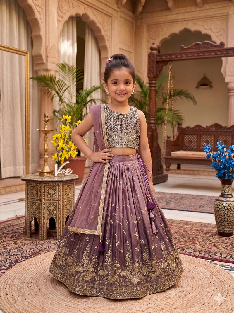 Brown chinon silk heavy sequence embroidered work kids wedding lehenga choli