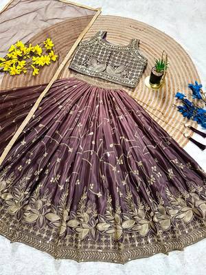 Brown chinon silk heavy sequence embroidered work kids wedding lehenga choli 2