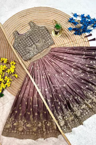 Brown chinon silk heavy sequence embroidered work kids wedding lehenga choli