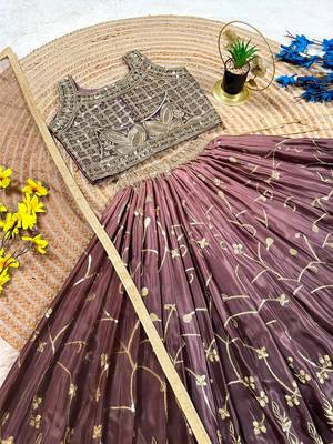 Brown chinon silk heavy sequence embroidered work kids wedding lehenga choli 4