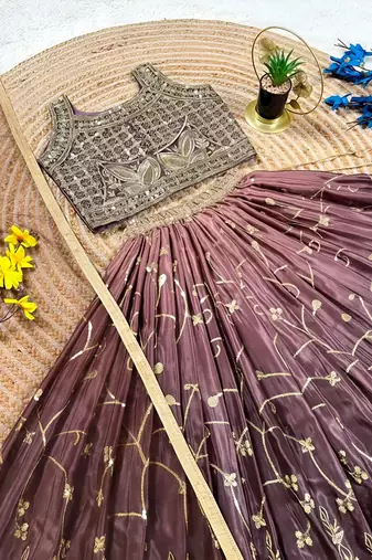 Brown chinon silk heavy sequence embroidered work kids wedding lehenga choli