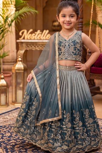 Grey chinon silk heavy sequence embroidered work kids wedding lehenga choli
