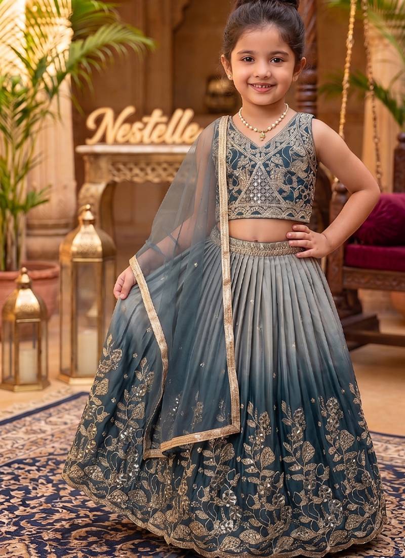 Grey chinon silk heavy sequence embroidered work kids wedding lehenga choli