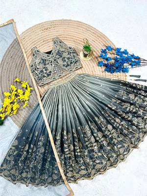 Grey chinon silk heavy sequence embroidered work kids wedding lehenga choli 2