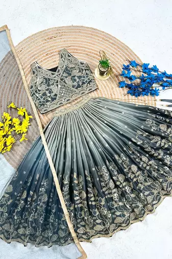 Grey chinon silk heavy sequence embroidered work kids wedding lehenga choli
