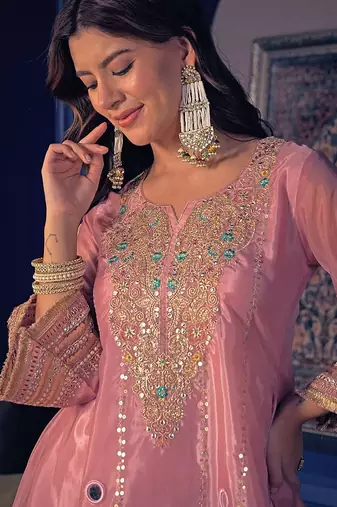 Pink silk crepe heavy thread embroidery hand work kurta with pant