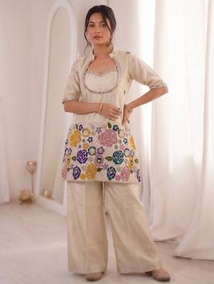 Off white chinon silk heavy thread embroidery work kurta & blouse with palazzo set 1