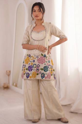 Off white chinon silk heavy thread embroidery work kurta & blouse with palazzo set