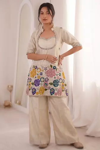 Off white chinon silk heavy thread embroidery work kurta & blouse with palazzo set