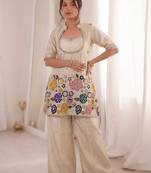 Off white chinon silk heavy thread embroidery work kurta & blouse with palazzo set