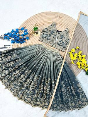 Grey chinon silk heavy sequence embroidered work kids wedding lehenga choli 3