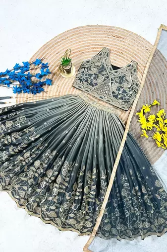 Grey chinon silk heavy sequence embroidered work kids wedding lehenga choli
