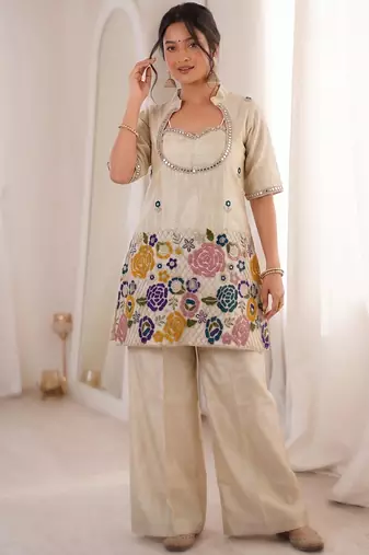 Off white chinon silk heavy thread embroidery work kurta & blouse with palazzo set