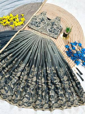 Grey chinon silk heavy sequence embroidered work kids wedding lehenga choli 4