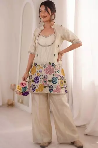 Off white chinon silk heavy thread embroidery work kurta & blouse with palazzo set