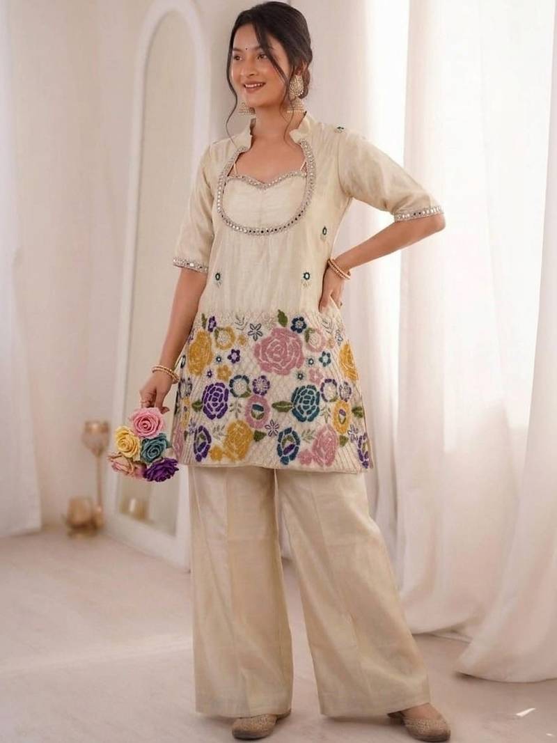 Off white chinon silk heavy thread embroidery work kurta & blouse with palazzo set
