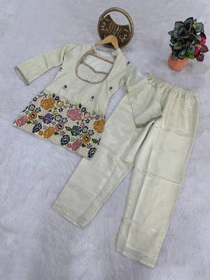 Off white chinon silk heavy thread embroidery work kurta & blouse with palazzo set 5