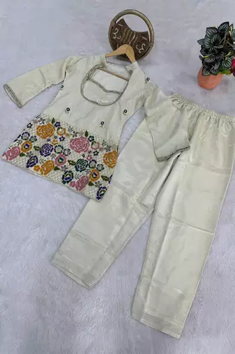 Off white chinon silk heavy thread embroidery work kurta & blouse with palazzo set