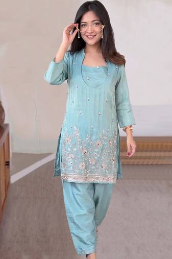Sky blue silk crepe heavy thread embroidery work kurta & blouse with palazzo set