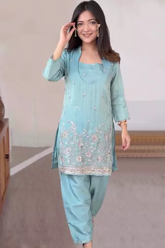 Sky blue silk crepe heavy thread embroidery work kurta & blouse with palazzo set