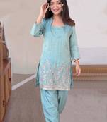 Sky blue silk crepe heavy thread embroidery work kurta & blouse with palazzo set