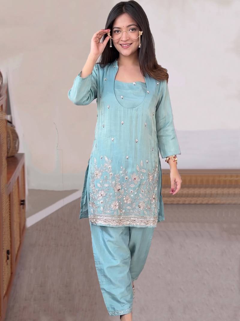 Sky blue silk crepe heavy thread embroidery work kurta & blouse with palazzo set