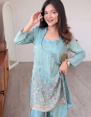 Sky blue silk crepe heavy thread embroidery work kurta & blouse with palazzo set 2