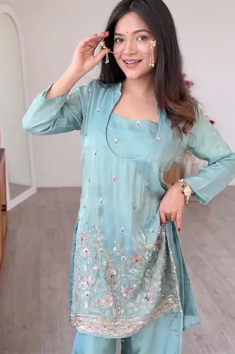 Sky blue silk crepe heavy thread embroidery work kurta & blouse with palazzo set