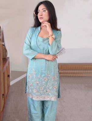 Sky blue silk crepe heavy thread embroidery work kurta & blouse with palazzo set 3